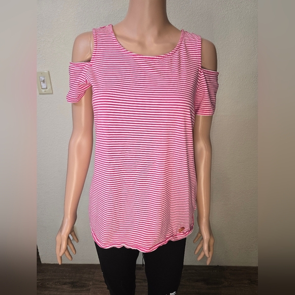 Michael Kors Tops - Michael Michael Kors Women's Md Top Striped Pink White Cold Shoulder Sleeve Logo